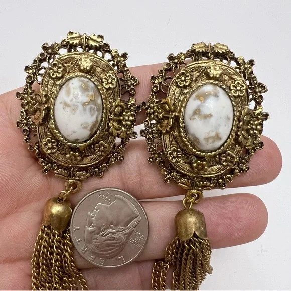 Vintage Victorian Revival Ornate Goldtone Speckle Cabochon Tassel Clip Earrings - Picture 3 of 7